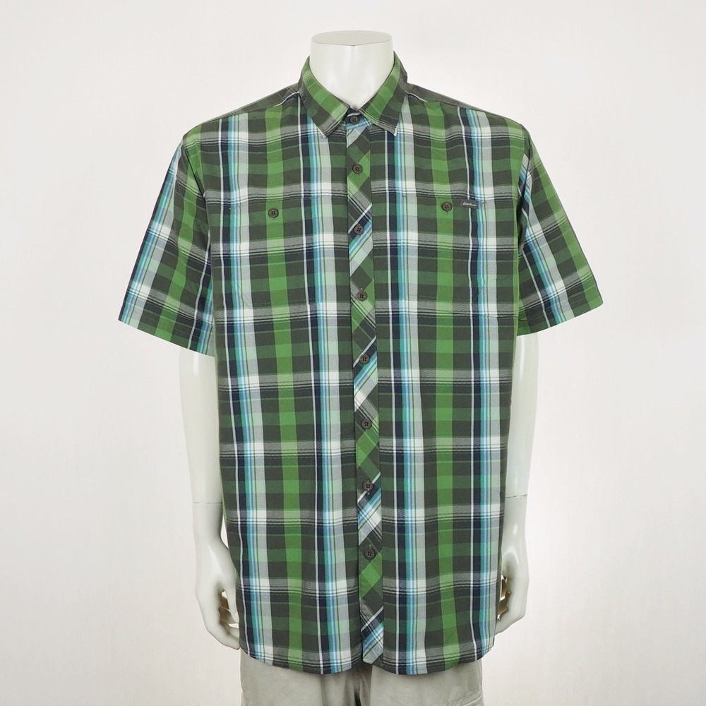 Eddie Bauer Travex Button Down Shirt Mens TXL XLT Green Plaid Nylon Blend Hiking
